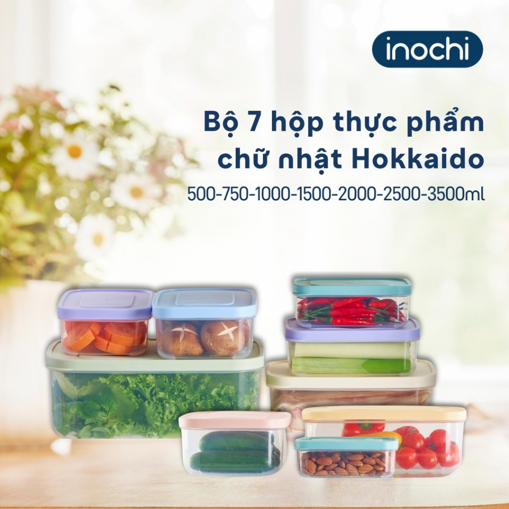 Bộ 7 hộp thực phẩm chữ nhật Inochi-Hokkaido,Nắp đậy kín khí giữ thực ...