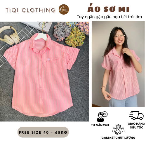 Áo Sơ Mi Tay Ngắn Gập Gấu Cotton Lụa Mềm Mại, Sơ Mi Nữ Kẻ Sọc Form Vừa Nhiều Màu Dễ Phối Đồ