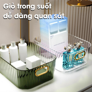 Khay nhựa trong suốt ECO đựng mỹ phẩm có tay cầm, Hộp đựng đồ đề bàn dụng cụ trang điểm đa năng