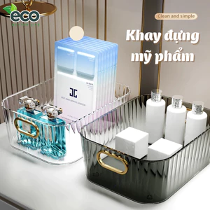 Khay nhựa trong suốt ECO đựng mỹ phẩm có tay cầm, Hộp đựng đồ đề bàn dụng cụ trang điểm đa năng