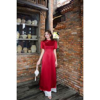 Áo dài cách tân tay cộc phối cổ 3 phân AD206