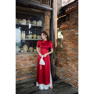 Áo dài cách tân tay cộc phối cổ 3 phân AD206