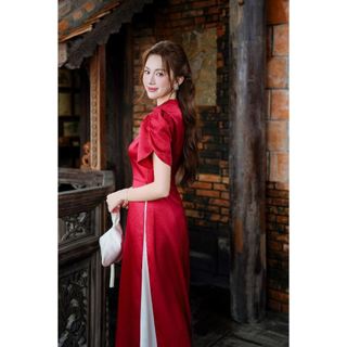 Áo dài cách tân tay cộc phối cổ 3 phân AD206