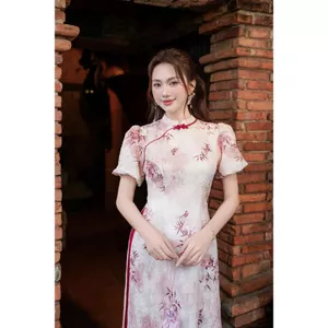 Áo dài cách tân in họa tiết phối tay cộc AD210