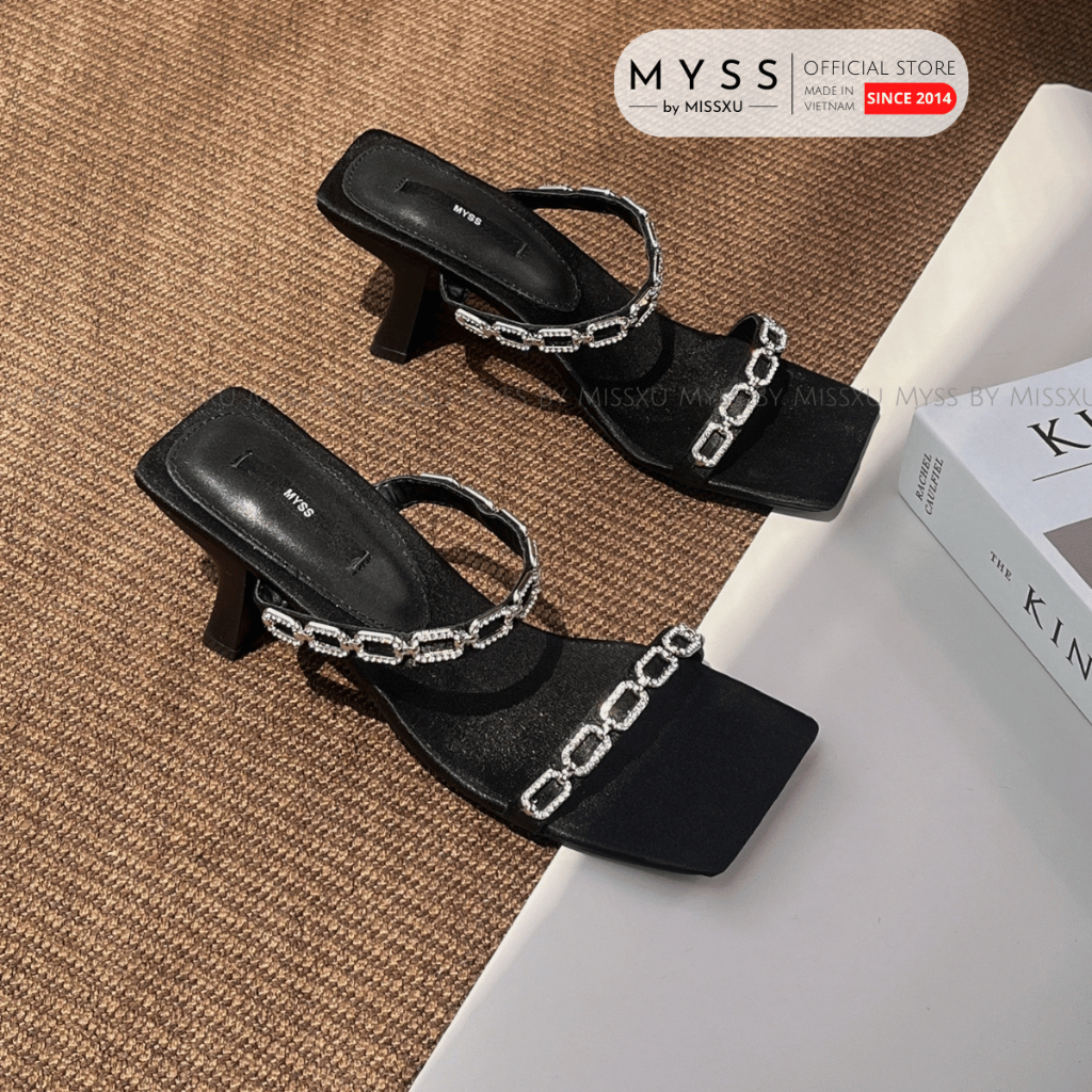 Giày sục nữ MYSS 2 quai ngang đính đá vuông 6cm cao cấp - SU223