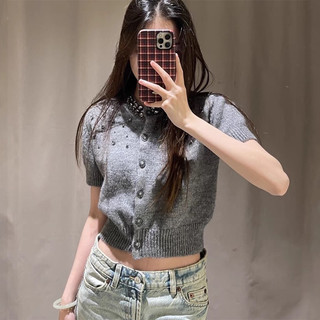 Áo len tay cộc cổ đính đá viền đá sang chảnh, kiểu khuy cài dễ mặc Ulzzang free size 726