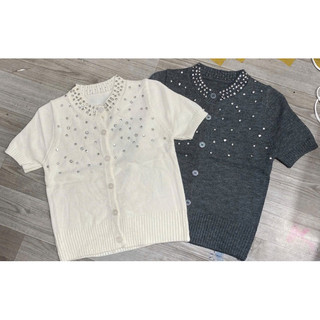 Áo len tay cộc cổ đính đá viền đá sang chảnh, kiểu khuy cài dễ mặc Ulzzang free size 726