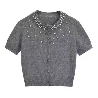 Áo len tay cộc cổ đính đá viền đá sang chảnh, kiểu khuy cài dễ mặc Ulzzang free size 726