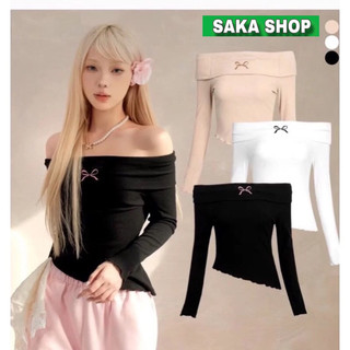 Áo thun nữ tay dài trễ vai thêu nơ dễ thương MiDoRi