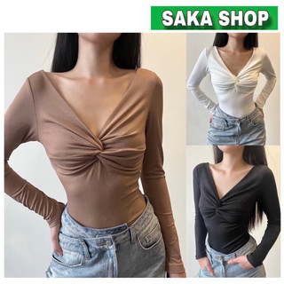 Áo thun nữ tay dài len tăm xoắn cổ chữ V
