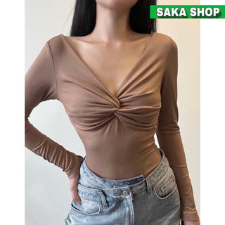 Áo thun nữ tay dài len tăm xoắn cổ chữ V