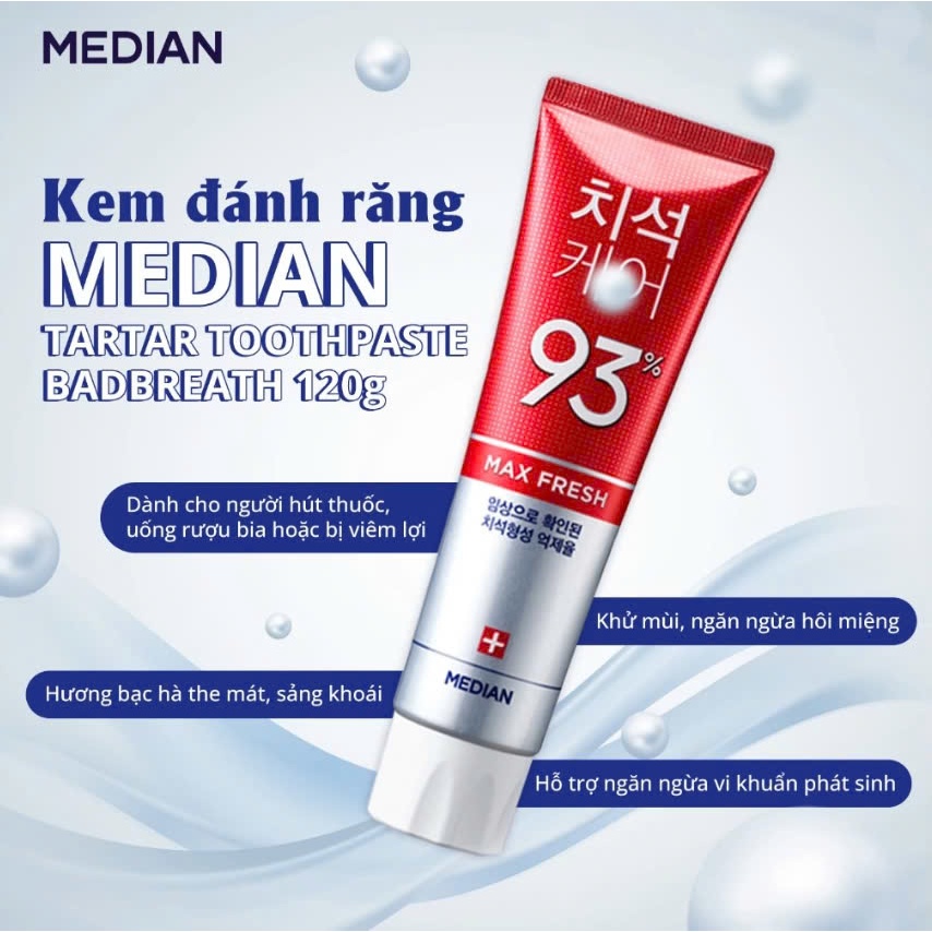 Kem đánh răng Median IQ 93% Tartar BadBreath Toothpaste 120g ( màu đỏ) cải thiện hơi thở thơm mát