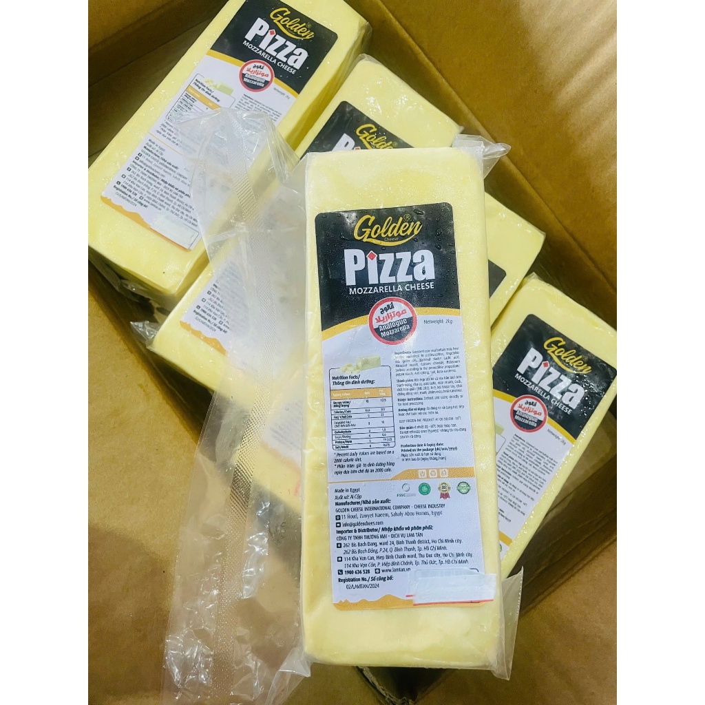 (SHIP TOÀN QUỐC) Khối 2kg Phô mai kéo sợi mozzarella GOLDEN CHEESE có 1 đá gel và 1 thùng xốp