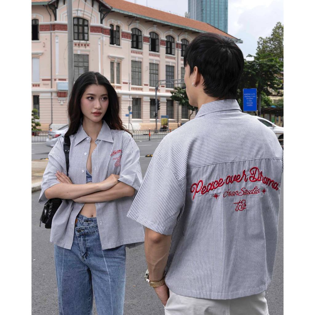 Ảnh Áo Sơ Mi Trái Tim Thêu, Sọc Đen Trắng - Brand TSUN Chính Hãng - Lovemotion Shirt - Uniex, Vải Oxford 2