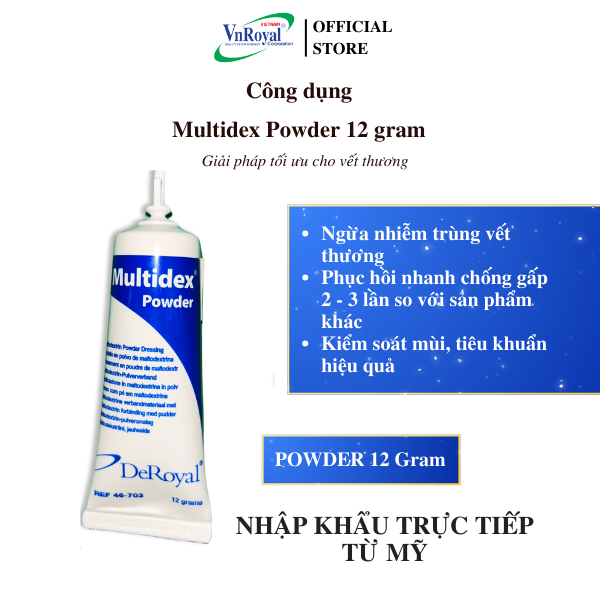 Multidex Bột 12 gram xử lí phục hồi vết thương bỏng lở loét tì đè biến chứng đái tháo đường cắt bỏ chi