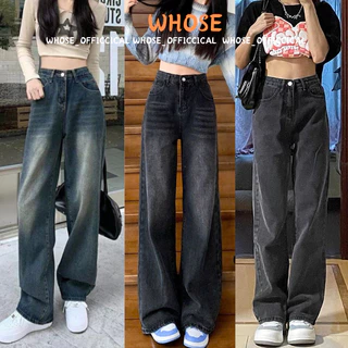 Quần jeans wash nữ WHOSE dáng ống suông rộng lưng cao màu xanh xám SMOKE V2 CẠP CAO phong cách RETRO 2024