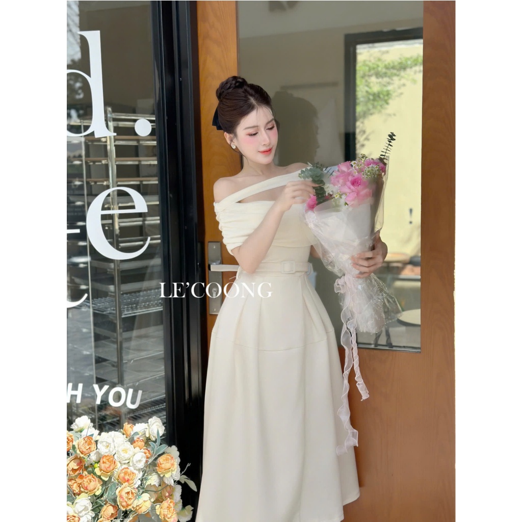Ảnh Váy Tiểu Thư Dáng Dài Trễ Vai Thắt Đai   LECOONG V691 Đầm Đẹp Sang Chảnh Màu Đen Be 4