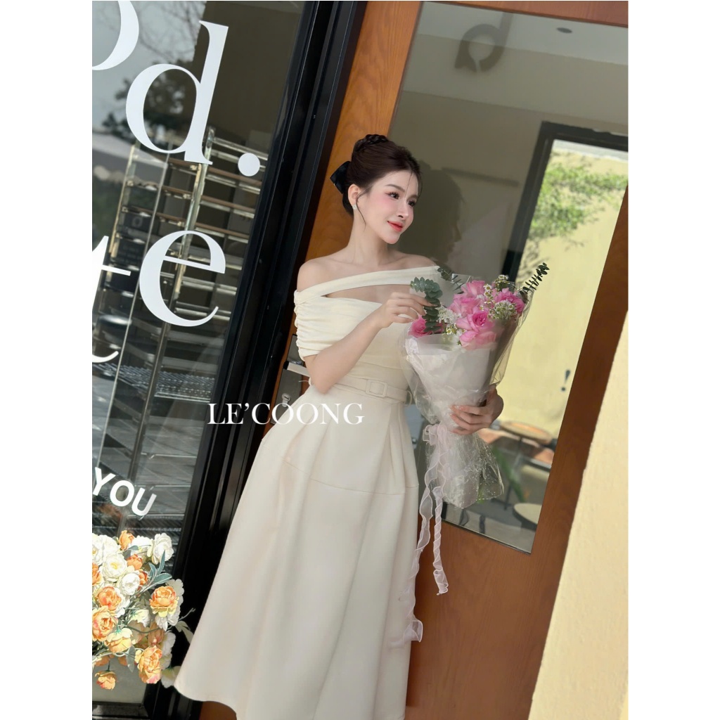 Ảnh Váy Tiểu Thư Dáng Dài Trễ Vai Thắt Đai   LECOONG V691 Đầm Đẹp Sang Chảnh Màu Đen Be 3