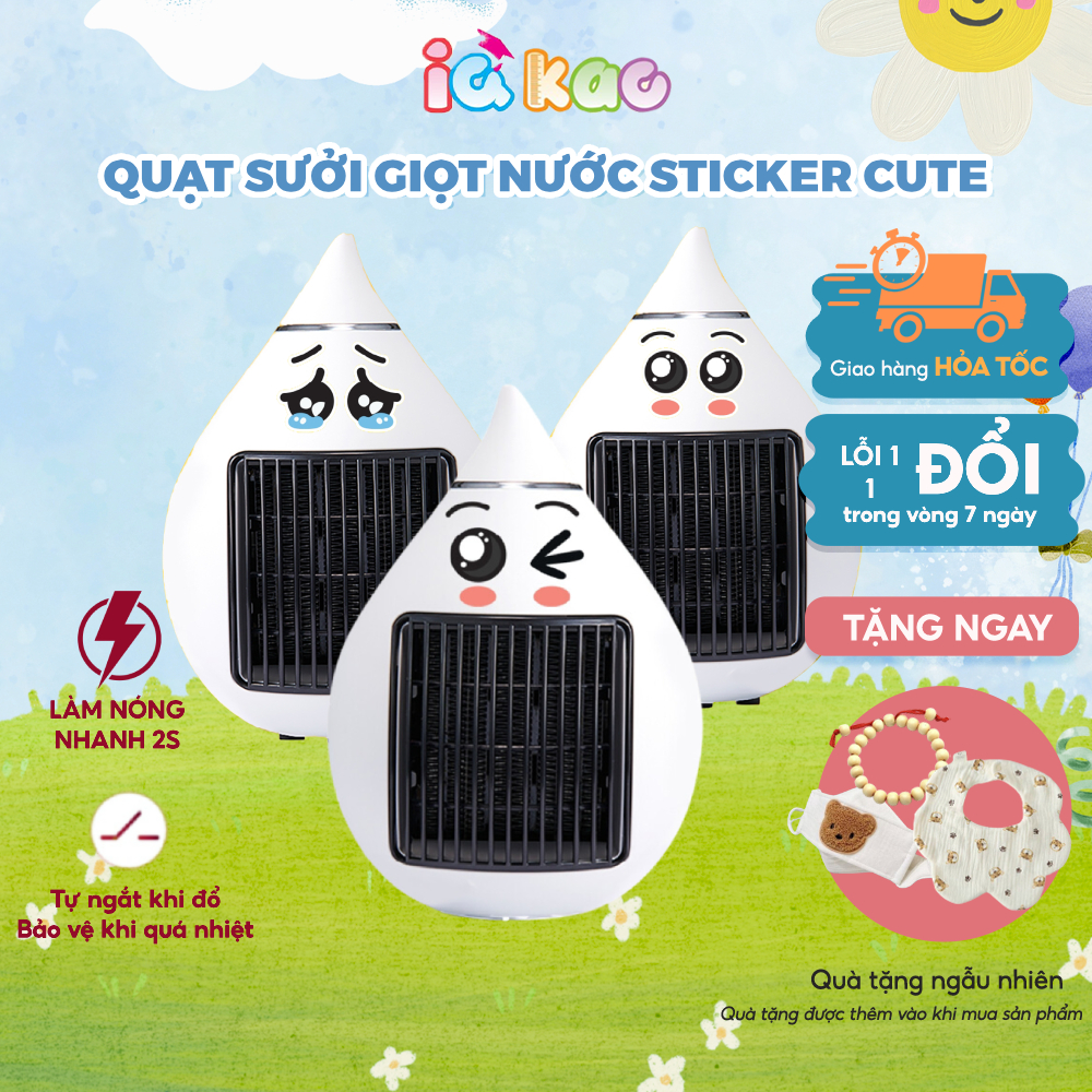 Quạt sưởi giọt nước IQKAO có sticker dễ thương công suất 1500W sưởi ấm ...