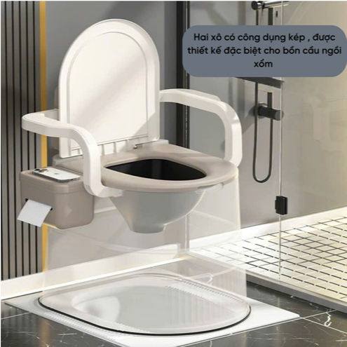 Bồn cầu di động chất liệu PVC phù hợp cho người già , phụ nữ mang thai , bồn vệ sinh có tay vịn, tựa lưng