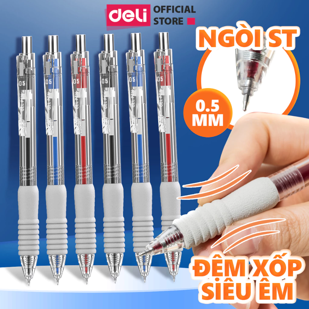 [ĐỆM XỐP SIÊM ÊM] Bút Bi Nước Bút Gel Mực Bấm Deli