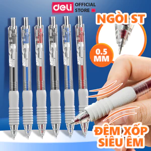 Bút Bi Nước Bút Gel Mực Bấm Deli Đệm Xốp Nhiều Màu Trơn Tru Ngòi 0.5mm Dành Cho Học Sinh Sinh Viên