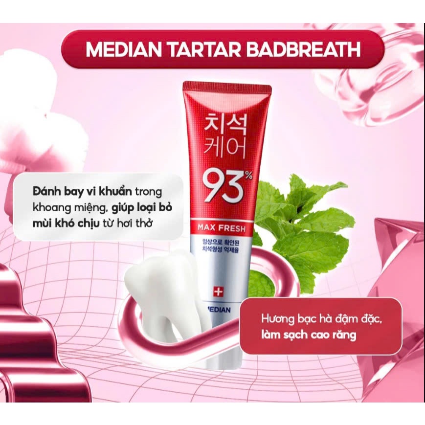 Kem đánh răng Median IQ 93% Tartar BadBreath Toothpaste 120g ( màu đỏ) cải thiện hơi thở thơm mát