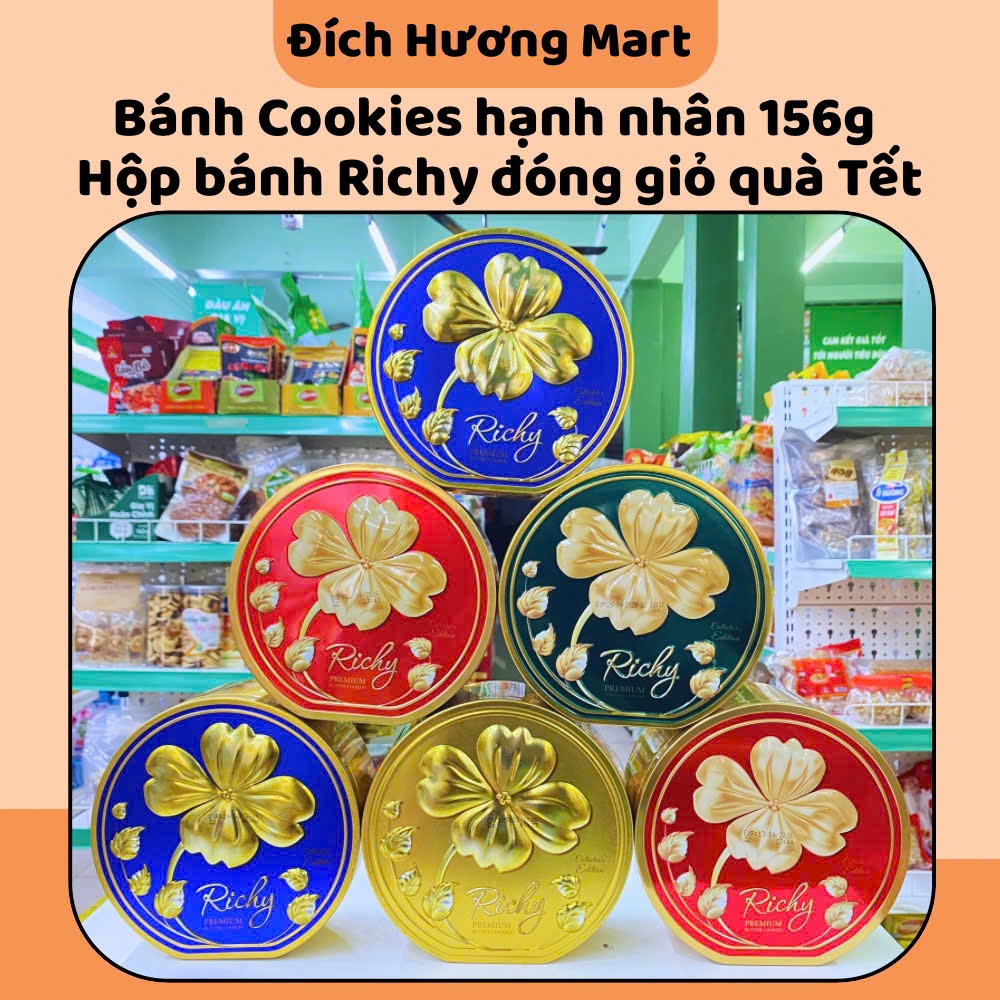 Bánh quy Richy - Bánh Cookies Hạnh Nhân - Hộp thiếc in hình cỏ bốn lá ...
