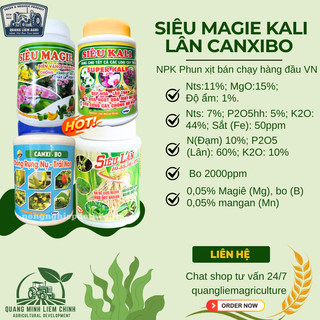 Combo phân bón lá Siêu Magie - Siêu Kali - Siêu Lân - Canxibo Cuốc Vàng (Hũ 100gram)