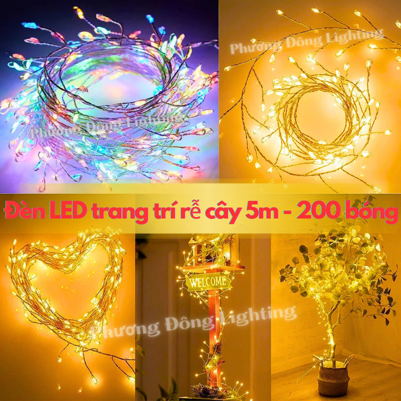 Dây đèn LED chớp rễ cây trang trí màu vàng ấm Đủ màu 5 mét có chớp