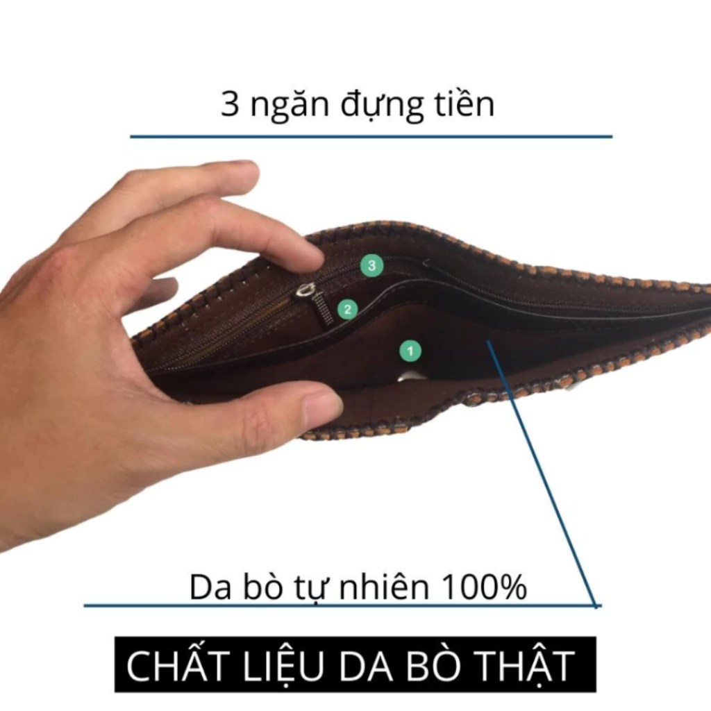 Ví Da Nam - Da Bò Xịn 100% - May Viền Thủ Công - Có hộp đựng làm quà tặng