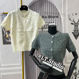 Áo len tay cộc cổ đính đá viền đá sang chảnh, kiểu khuy cài dễ mặc Ulzzang free size 726