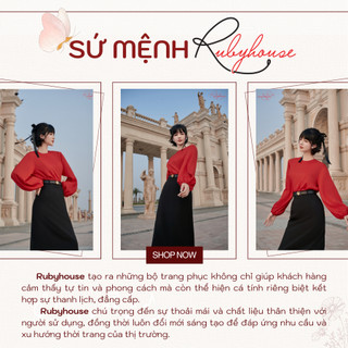 Set áo tơ tay bồng và chân váy midi bút chì 2 lớp thiết kế độc quyền Rubyhouse