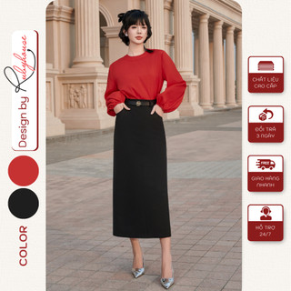 Set áo tơ tay bồng và chân váy midi bút chì 2 lớp thiết kế độc quyền Rubyhouse