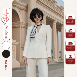 Blazer thiết kế xuông eo 2 màu đen trắng Rubyhouse, áo dạ nữ phối 6 cúc trẻ trung, cá tính