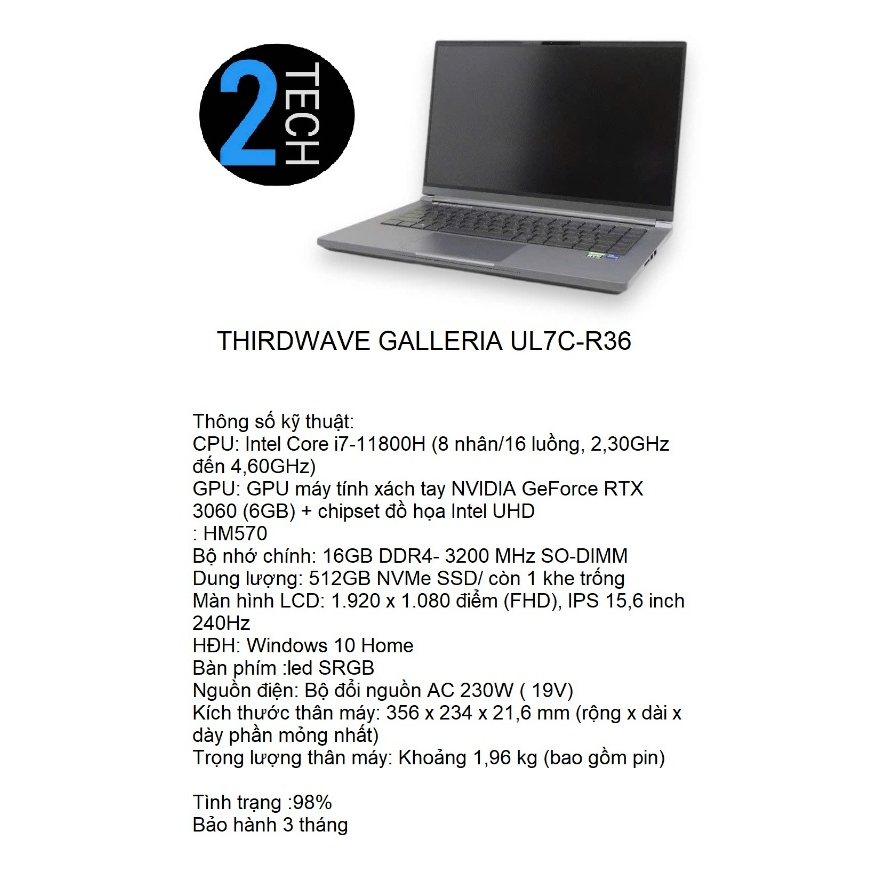 Laptop Gaming THIRDWAVE GALLERIA UL7C-R36 Core i7 11800H 2.3GHz/ 16GB/ RTX  3060/15.6 inch FHD 240HZ | Shopee Việt Nam