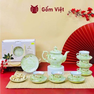 Bộ ấm chén vân đá dáng cát tường đắp nổi thủ công cành mậm cao cấp - Gốm sứ Bát Tràng - Gốm Việt