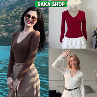 Áo thun nữ tay dài cổ tim cotton ôm dáng body cổ chữ V