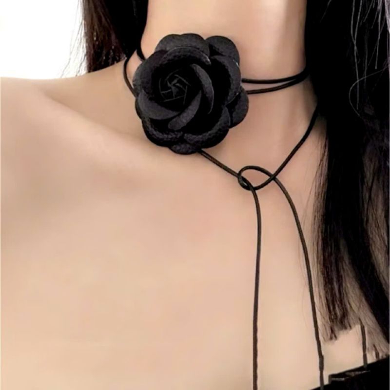 Vòng cổ choker mặt hoa hồng lụa có dây buộc dài, Phụ kiện thời trang nữ xinh xắn