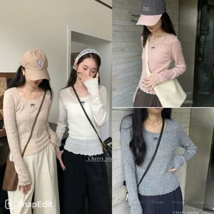 Triangle - (Giá thanh lý không hoàn) Ribbon knit Áo len nơ thêu rỗng phối ren Hàn Quốc dài tay
