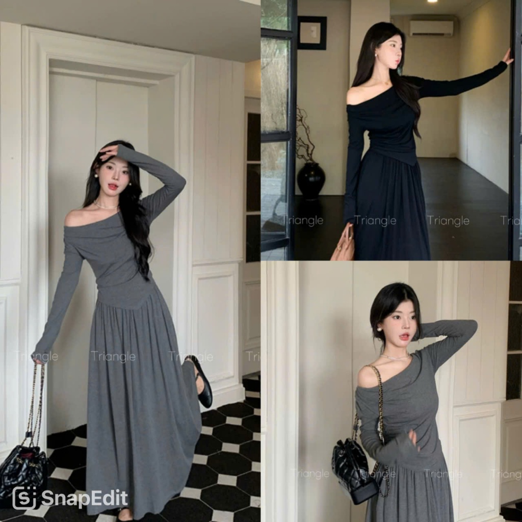 Triangle - Lazie Set Bộ thun thiết kế áo kiểu lệch vai + chân váy dài xòe chất thun dày dặn mềm mịn style Hàn Quốc