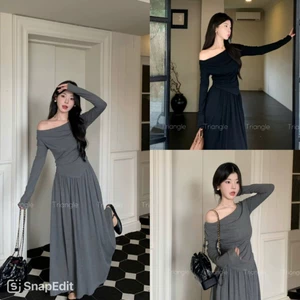 Triangle - Lazie Set Bộ thun thiết kế áo kiểu lệch vai + chân váy dài xòe chất thun dày dặn mềm mịn style Hàn Quốc