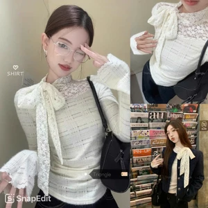 Triangle - Lace Shirt(Giá thanh lý, không hoàn)- Áo ren nơ lệch dáng ôm phong cách Hàn Quốc dễ mặc dễ mix