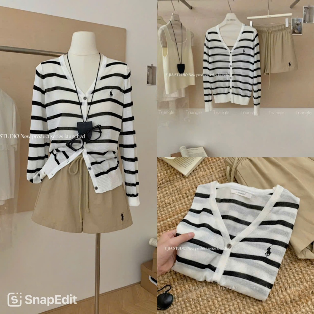 Triangle Love Set(Cân nhắc kỹ, return is not welcomed) áo len cardigan kẻ sọc mix cùng quần short kaki thêu ngựa