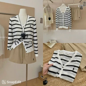 Triangle Love Set(Cân nhắc kỹ, return is not welcomed) áo len cardigan kẻ sọc mix cùng quần short kaki thêu ngựa