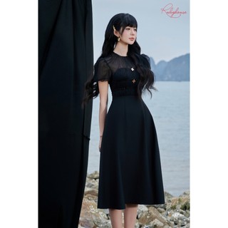 Váy đen cổ tròn phối ren đính cườm thủ công dáng dài, đầm nữ thiết kế cổ tròn Rubyhouse
