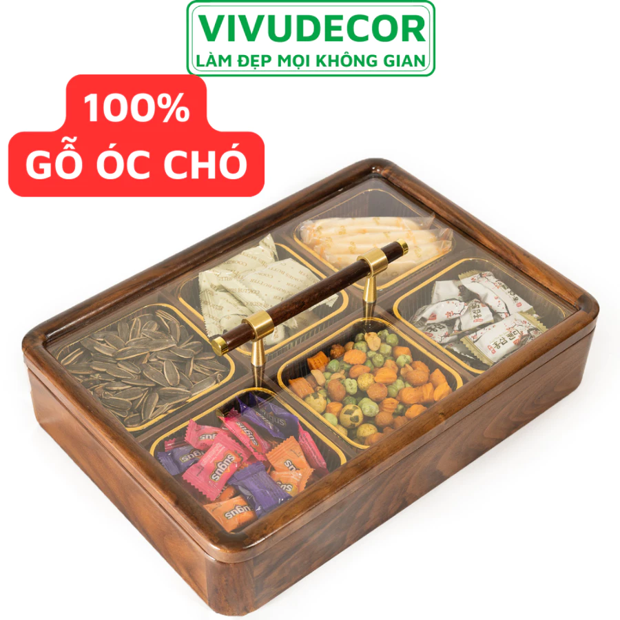 Khay đựng bánh kẹo Tết 100% gỗ óc chó cao cấp, Hộp đựng bánh kẹo Tết