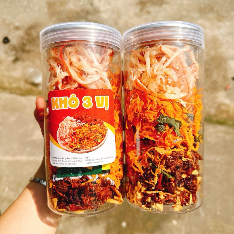 KHÔ 3 Vị : (KHÔ GÀ + KHÔ HEO + MỰC SỢI HẤP DỪA) Loại ngon đặc biệt -1 Hộp 300Gr