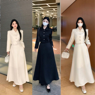 Bộ dạ dáng xoè áo cổ bẻ và chân váy xoè dài - Bộ váy maxi xoè dáng dài áo cài khuy cổ bẻ chân váy dài xoè dự tiệc,đi làm
