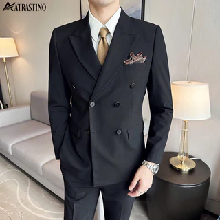 Áo Vest Nam 6 Cúc Vải Chéo 79 Cao Cấp ATRASTINO , Bộ Comple Màu Đen 4 Lớp Có Đệm Vai Thanh Lịch,